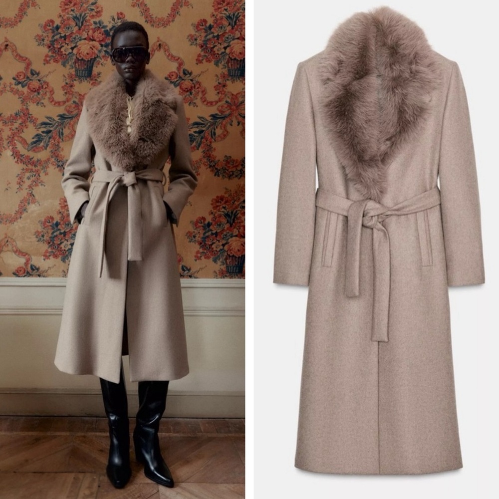 ZARA FAUX FUR COLLAR BELTED COAT